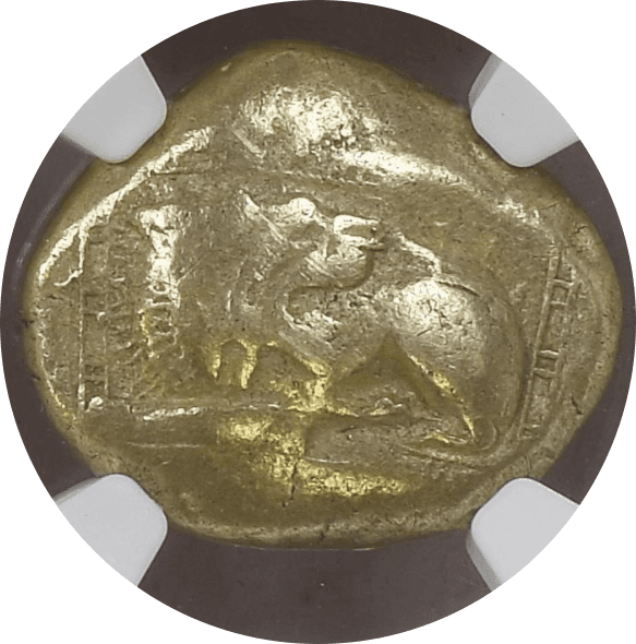 【Ch F 5/5 4/5】紀元前600年〜550年 古代ギリシア イオニア国 ミレトス スターテル琥珀金(エレクトラム)貨(表)