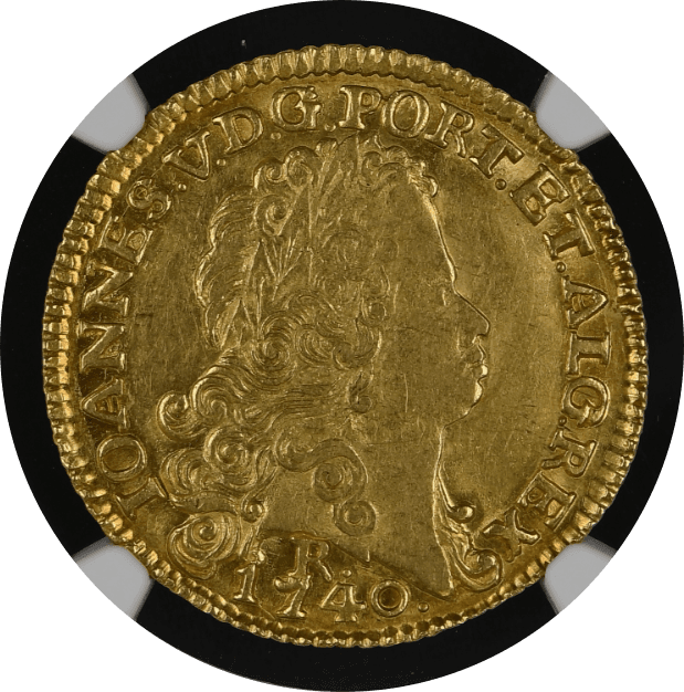 【AU58】1740年 ポルトガル領ブラジル ジョアン5世 6400レイス 金貨(表)