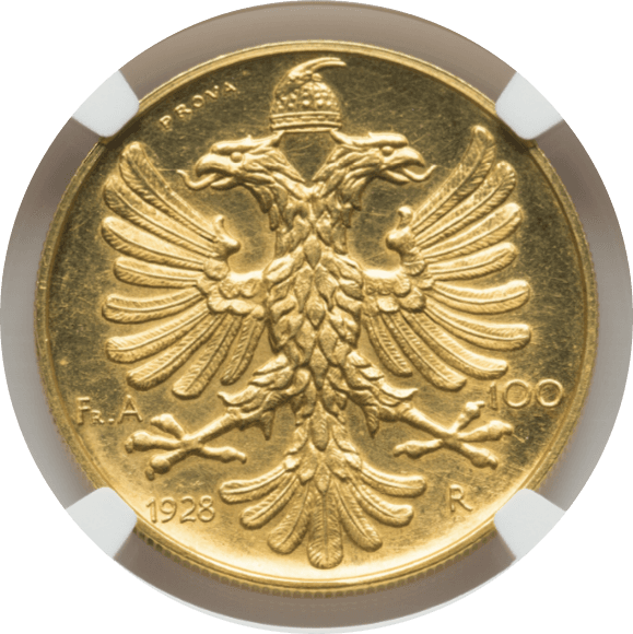 【MS61】1928年 アルバニア王国 ゾグ1世 試鋳貨 100フランガ・アリ金貨(裏)