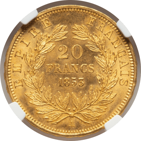 【MS66】1853年A フランス 第二帝政 ナポレオン3世 有冠 20フラン金貨(裏)