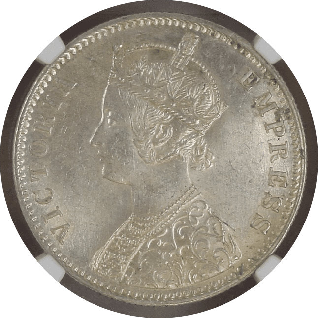 【MS62】1892年 英領インド ヴィクトリア女王 1ルピー銀貨(表)