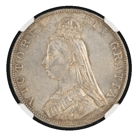 【MS63】1887年 イギリス ヴィクトリア女王 ジュビリーヘッド アラビア数字タイプ 2フローリン銀貨(表)