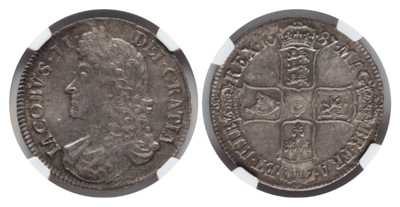 【MS64】1687年 イギリス イングランド ジェームズ2世 クラウン銀貨
