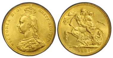 【MS62】1887年 イギリス ヴィクトリア女王 ジュビリーヘッド 1ポンド金貨(表)