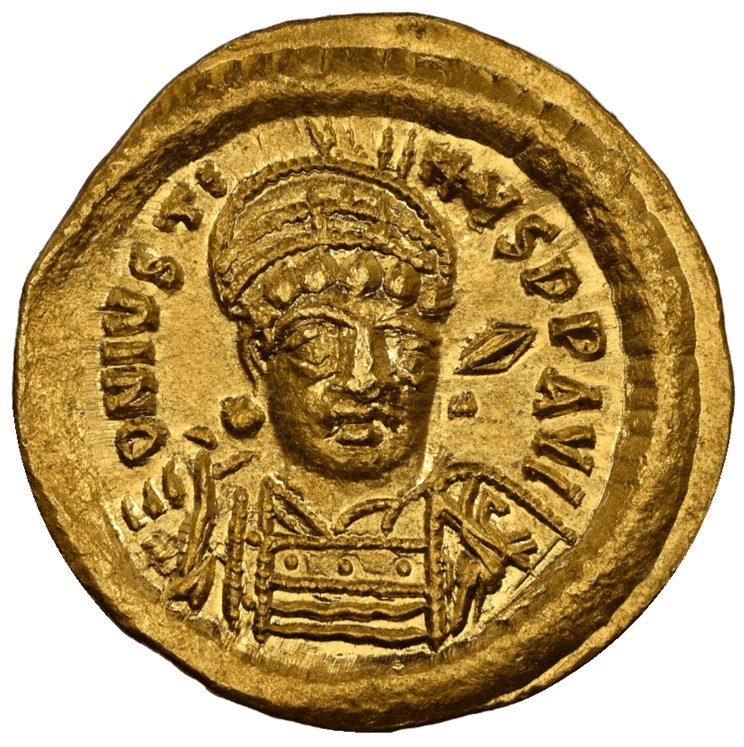 【MS 5/5 4/5】518年?527年 ビザンツ帝国(東ローマ帝国)ユスティヌス1世 ソリダス金貨(表)