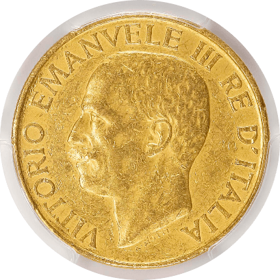 【AU53】1923年 イタリア ヴィットリオ・エマニュエーレ3世 ファシスト政権1周年記念 100リレ金貨(表)