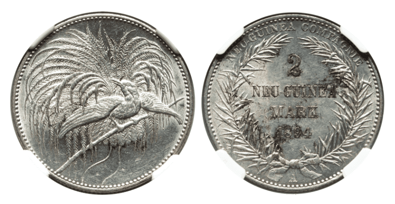 【MS61】1894年 ドイツ領ニューギニア 極楽鳥 2マルク銀貨