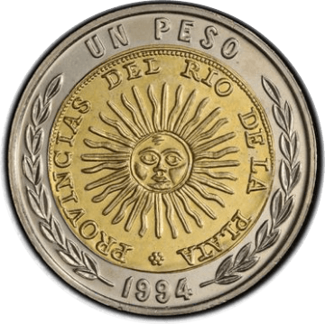 【SP65】1994年 アルゼンチン 試鋳貨 1ペソ バイメタル貨(裏)