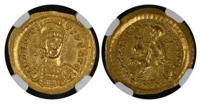 【MS 5/5 3/5】402年〜450年 ビザンツ帝国(東ローマ帝国)テオドシウス2世 ソリダス金貨 MS 5/5 3/5(表)