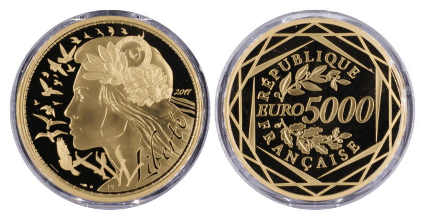 【PR70 DEEP CAMEO】2017年 フランス共和国 マリアンヌ 5000ユーロ 純金大型金貨