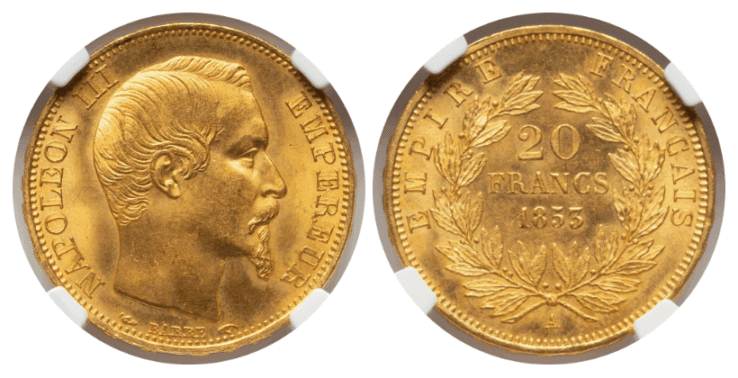 【MS66】1853年A フランス 第二帝政 ナポレオン3世 有冠 20フラン金貨