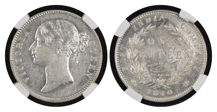 【AU58】1840年 英領インド 東インド会社 ヴィクトリア女王 1ルピー銀貨 5枚セット
