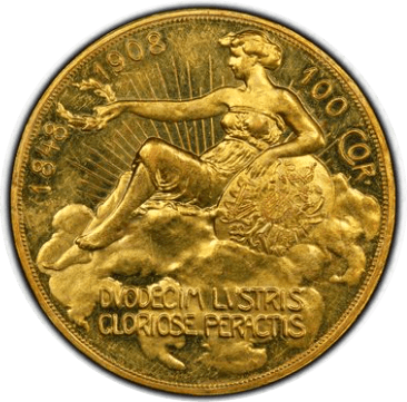 【MS61】1908年 オーストリア 雲上の女神 皇位60周年記念100コロナ金貨(裏)