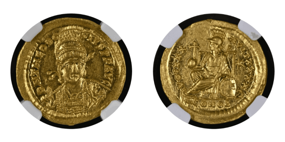 【Ch AU ★5/5 5/5】402年?450年 東ローマ帝国 テオドシウス2世 ソリダス金貨