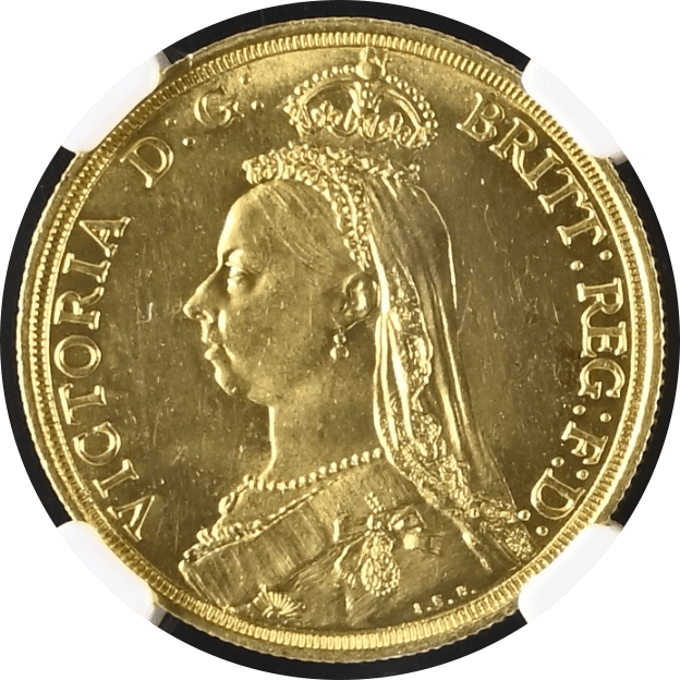 【MS62】1887年 イギリス ヴィクトリア女王 ジュビリーヘッド 2ソブリン金貨(表)