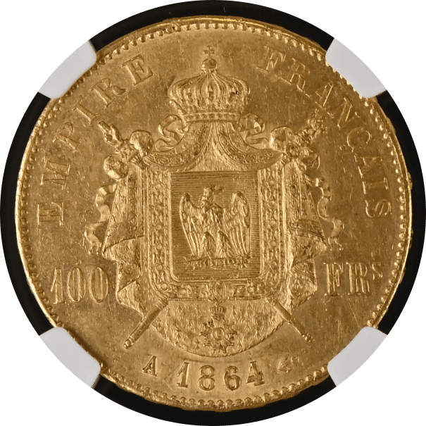 【MS61】1864年 フランス第2帝政 ナポレオン3世 有冠 100フラン金貨(裏)