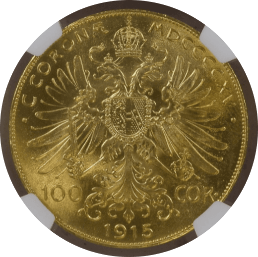 【MS65】1915年 オーストリア フランツ・ヨーゼフ1世 リストライク 100コロナ金貨(裏)