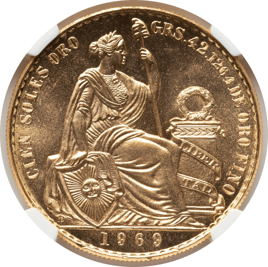 【MS66】1969年 ペルー 女神の坐像 100ソル金貨(表)