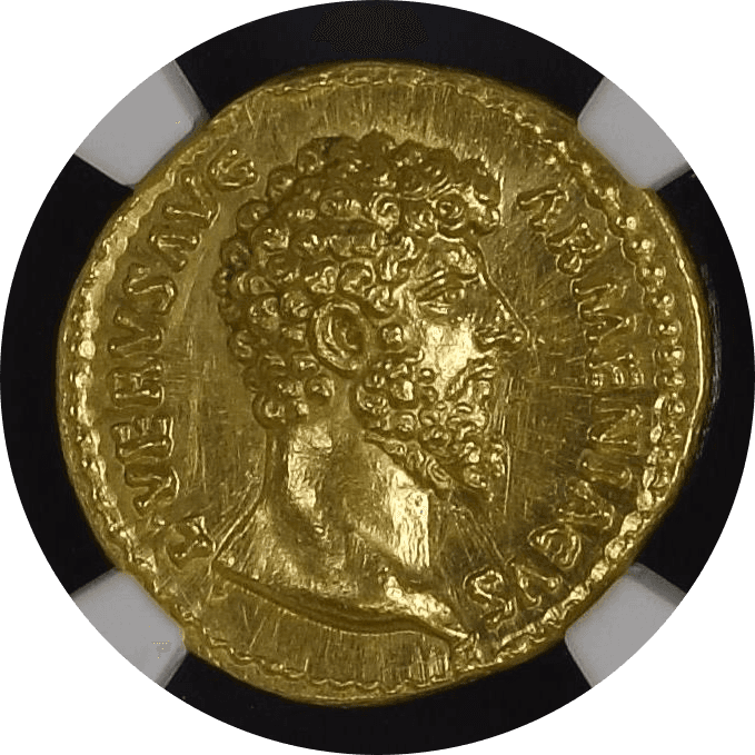【Ch MS 5/5 5/5 Fine Style】161年〜169年 古代ローマ帝国 ルキウス・ウェルス帝 アウレウス金貨(表)