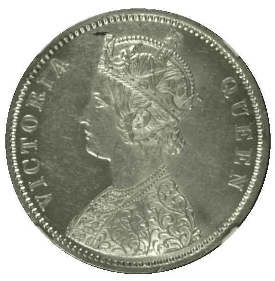 【MS62】1876年 イギリス領インド ヴィクトリア女王 1ルピー銀貨(表)