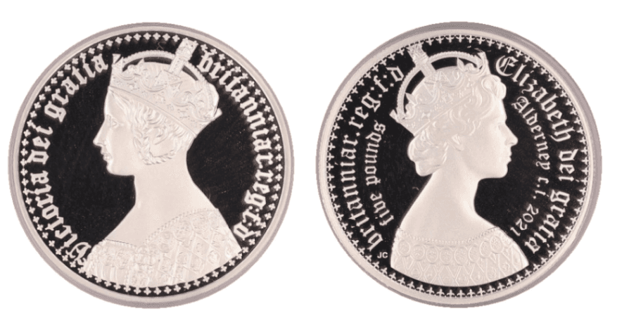 【PR70 DEEP CAMEO】2021年 オルダニー島 エリザベス世 ニューゴチッククラウン 5ポンド銀貨 2枚セット(ポートレート)