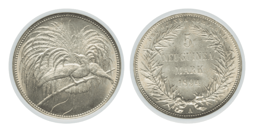 【MS65】1894年 ドイツ領ニューギニア 極楽鳥 5マルク銀貨