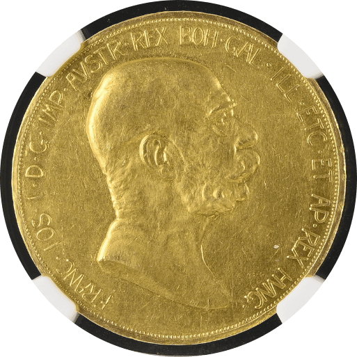 【PROOF AU DETAILS】1908年 オーストリア フランツ・ヨーゼフ1世 雲上の女神 皇位60周年記念 100コロナ金貨(表)