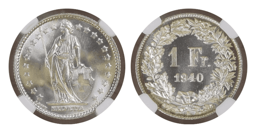 【MS66〜MS67】1940年〜1946年 スイス ヘルヴェティア フラン銀貨 ハイグレード3枚セット