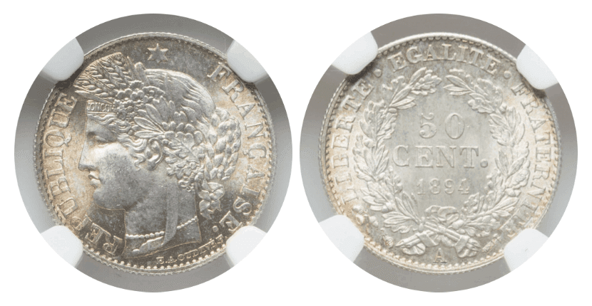 【MS66】1894年 フランス 第三共和政 50サンチーム 銀貨
