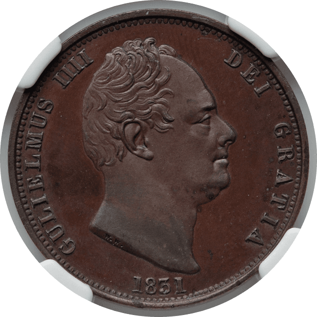 【PF64 BN】1831年 イギリス ウィリアム4世 戴冠記念 1/2ペニー銅貨(表)