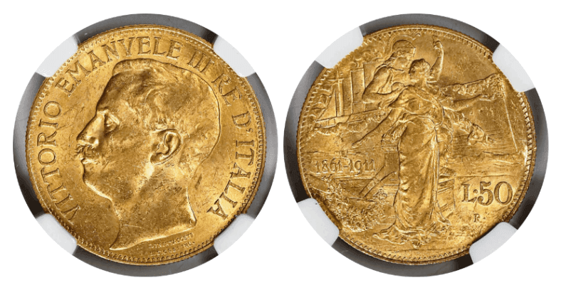 【MS61】1911年 イタリア ヴィットリオ・エマニュエーレ3世 建国50周年記念 50リレ金貨