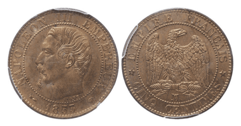 【MS64 RB】1853年 フランス 第二帝政 ナポレオン3世 5サンチーム 銅貨