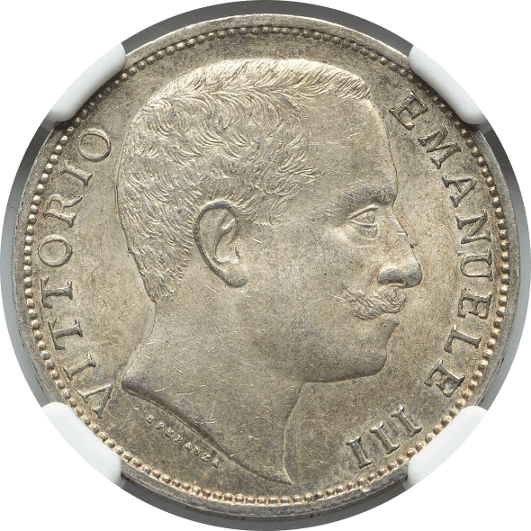 【MS63】1907年 イタリア ヴィットリオ・エマニュエーレ3世 2リレ銀貨(表)