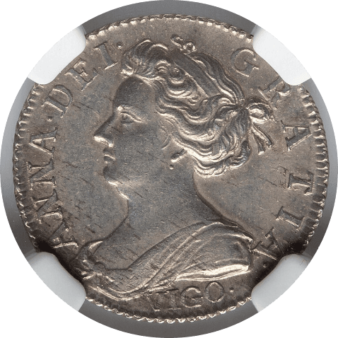【MS61】1703年 イギリス アン女王 ヴィーゴ(VIGO) 6ペンス銀貨(表)