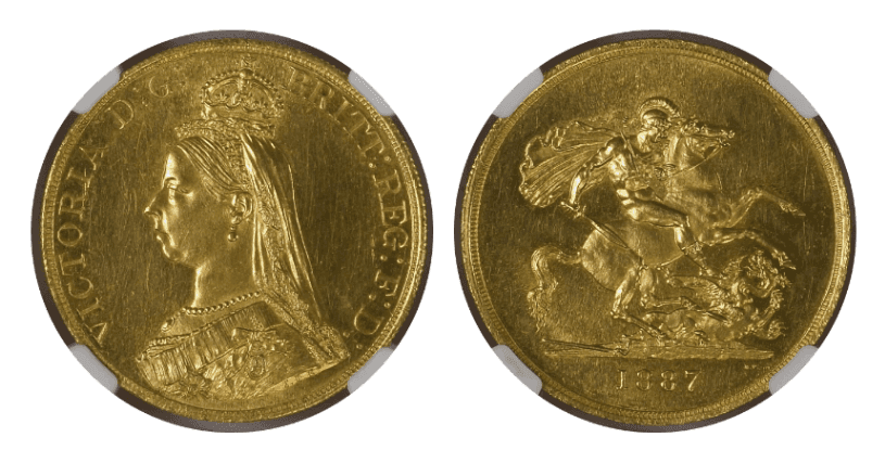 【MS62】1887年 イギリス ヴィクトリア女王 ジュビリーヘッド 5ポンド金貨