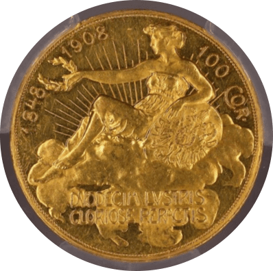 【AU58】1908年 オーストリア 雲上の女神 皇位60周年記念100コロナ金貨(裏)