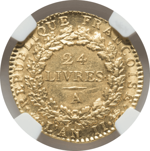 【MS62】1793年 フランス 第一共和国 ルイ16世 ルイドール(24リーブル)金貨(裏)