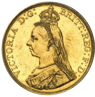 【MS61】1887年 イギリス ヴィクトリア女王 ジュビリーヘッド 5ポンド金貨(表)