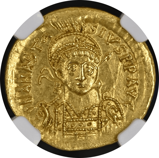 【MS 5/5 2/5】491年〜518年 ビザンツ帝国(東ローマ帝国)アナスタシウス1世 ソリダス金貨(表)