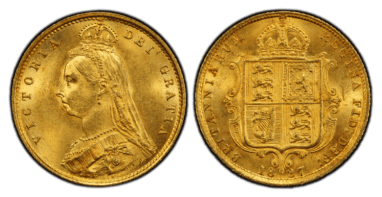 【MS63】1887年 イギリス ヴィクトリア女王 ジュビリーヘッド 1/2ポンド金貨(表)