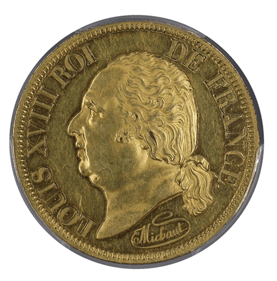 【SP61】1815年 フランス王国 ルイ18世 復古王政 5フラン試作金貨「ESSAI」(表)