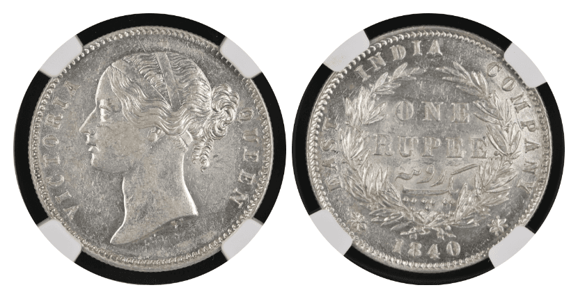 【AU58】1840年 英領インド 東インド会社 ヴィクトリア女王 1ルピー銀貨 5枚セット(表)