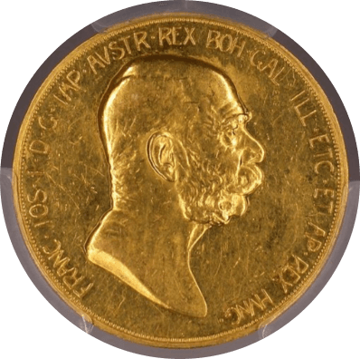 【AU58】1908年 オーストリア 雲上の女神 皇位60周年記念100コロナ金貨(表)