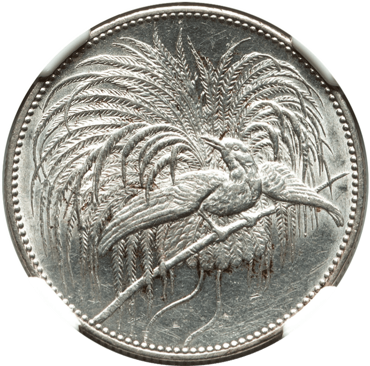【MS61】1894年 ドイツ領ニューギニア 極楽鳥 2マルク銀貨(表)