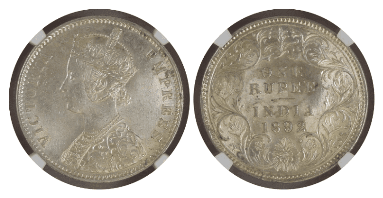 【MS62】1892年 英領インド ヴィクトリア女王 1ルピー銀貨