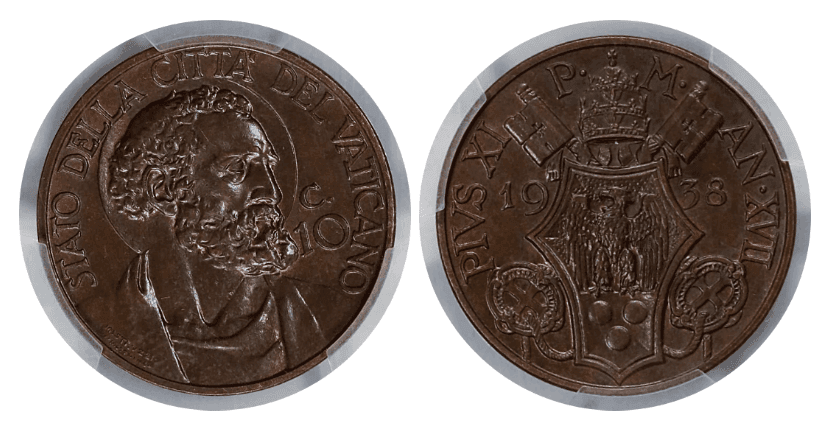 【MS65 BN】1938年 バチカン市国 ピウス11世 10センテシミ銅貨