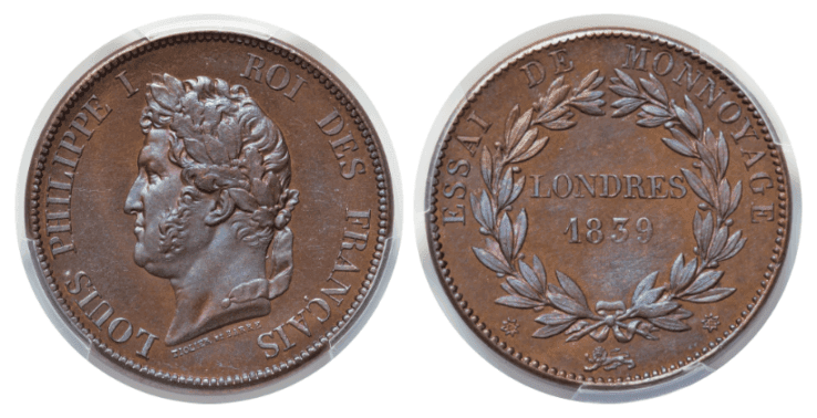 【SP65 BN】1839年 フランス フィリップ1世 試鋳貨 1デシーム銅貨