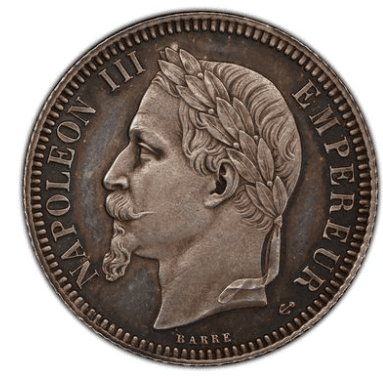 【SP63】1860年 フランス ナポレオン3世 試鋳貨 1フラン銀貨(表)