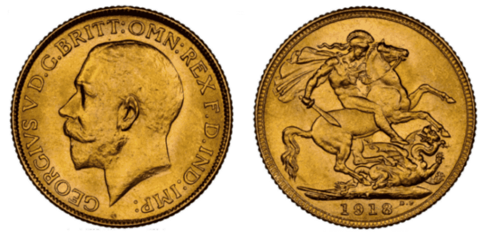 【MS64+】1918年 英領インド ジョージ5世 ソブリン金貨