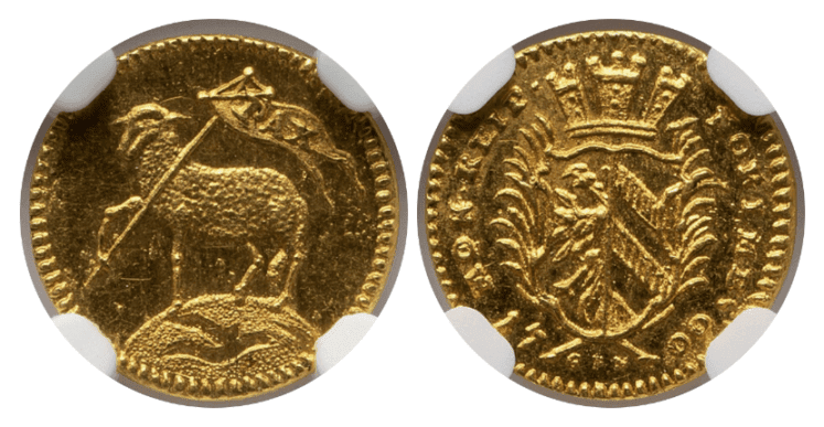 【MS66】1700年 神聖ローマ帝国 ドイツ ニュルンベルク ラムダカット 1/4ダカット金貨